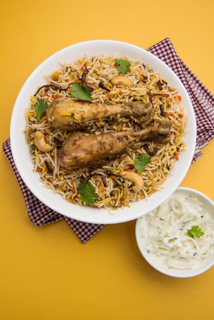 Authentic Chicken Biryani served in a bowl or plate. Selective focus