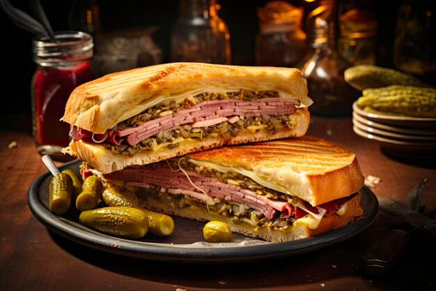 Photo authentic cuban cubano sandwich with mustard pork meat ham cheese pickle and dill delicious