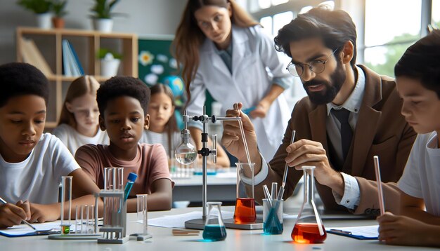 Photo authentic and evocative a science teacher engaging students in candid daily experiments for science