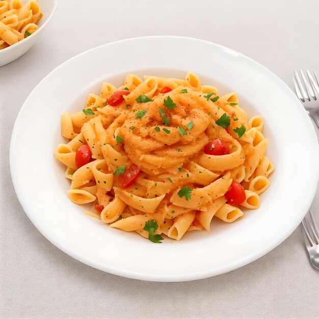 authentic italian pasta with tomatoes and a white background