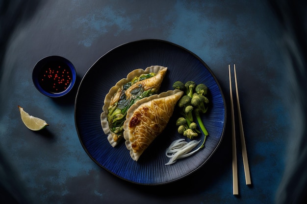 Photo authentic japanese gyoza chicken and veggie gyoza in front a deep blue background