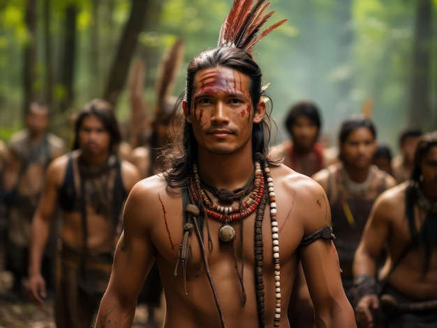 Photo authentic men indian tribe representatives with hair accessories face drawings standing in jungles forest