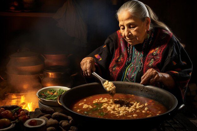 Authentic Mexican abuela stirring a pot of Pozole in her kitchen