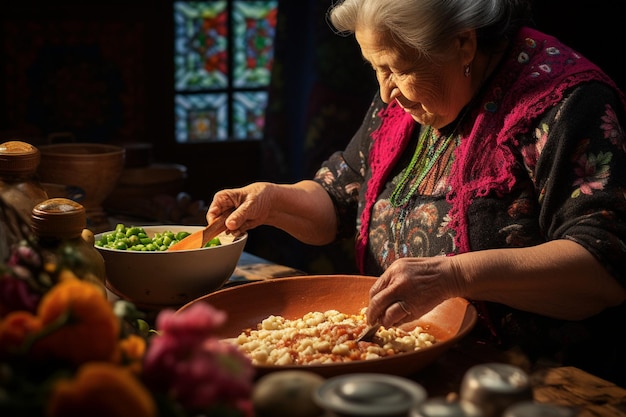 Authentic Mexican abuela stirring a pot of Pozole in her kitchen
