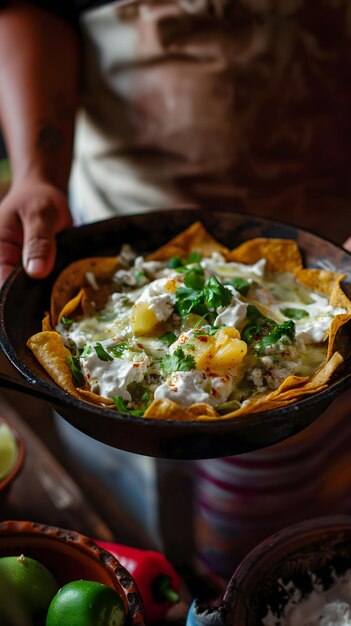 Foto autentico chilaquiles verdes messicano in piatto di terracotta