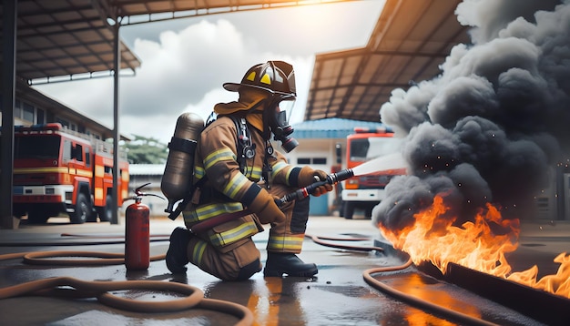 실제 실재 화재 시나리오에서 소방관 훈련의 정통한 사진은 솔직한 매일의 패배를 묘사합니다.