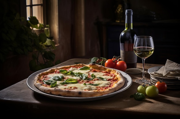 Authentic Pizza Margherita on Stone Oven Table with Tuscan Vines in the Distance