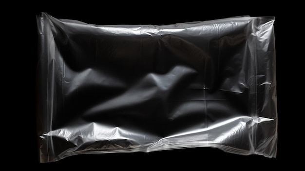 Authentic plastic wrap texture on black background Creased packaging