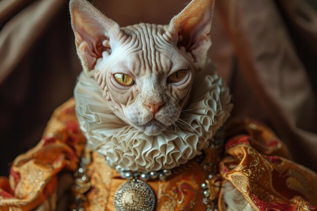 Foto autentico gattino realistico devon rex vestito in un maestoso generative ai