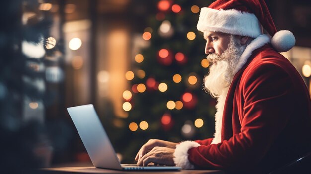 Foto l'autentico babbo natale sta lavorando su un tavolo per l'interno della casa in previsione di natale e capodanno