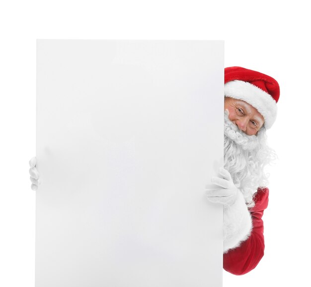 Authentic Santa Claus with poster on white background