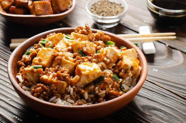 돼지고기 찐 쌀 간장과 향신료를 넣은 정통 중국 전통 음식 마파두부 요리