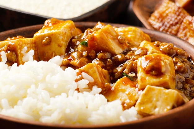 돼지고기와 찐 쌀을 곁들인 정통 중국 전통 음식 마파두부 요리