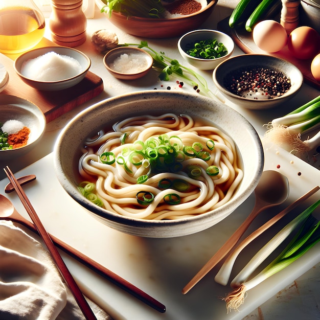 Authentic Udon Noodles in Broth with Fresh Herbs