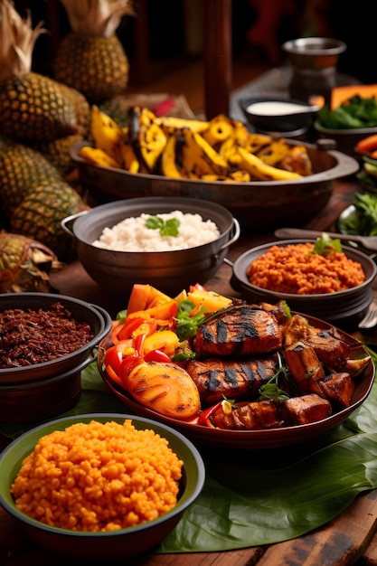 Photo authentic and vibrantly displayed african cuisine a celebration of diverse flavors and tradition