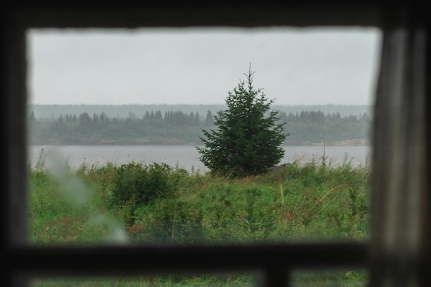 Authentic view of the river and meadow grass through the window of the old village house in rainy weather