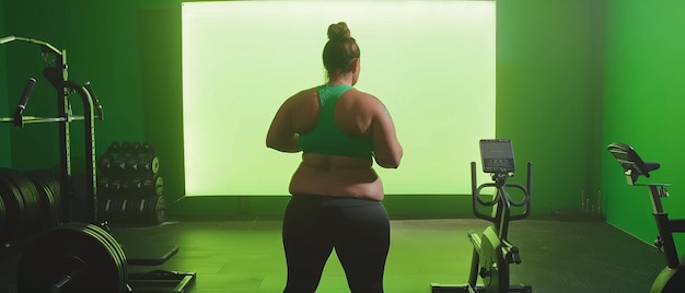 Photo an authentic woman uses workout service fitness app streaming virtual training with chroma key television while training at her home gym