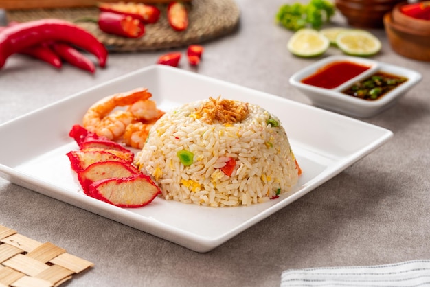 Authentic Yangzhou fried rice with egg, fresh prawn and Red Roast Pork.