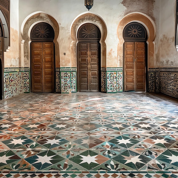 Foto authentiek marokkaans interieur met kleurrijke mozaïek tegels vloer en gebogen deuren