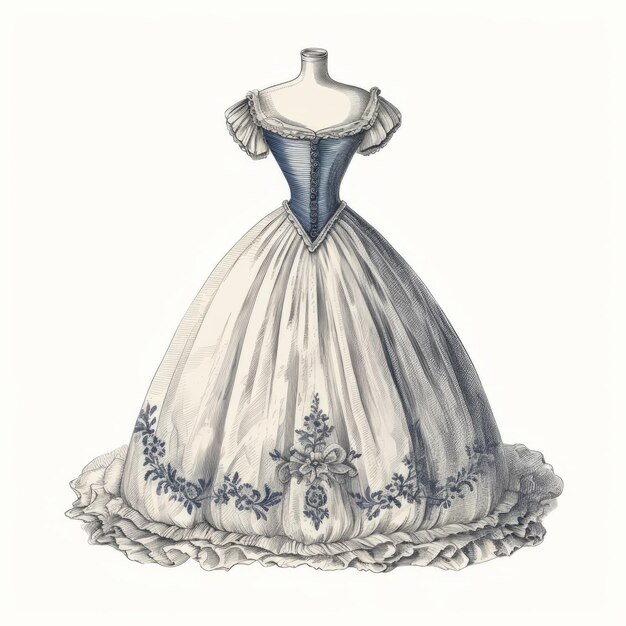 Authentieke 19e-eeuwse reproductie Witte en blauwe jurk met ingewikkelde illustraties