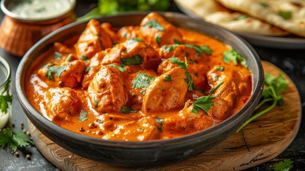 Authentieke kip Tikka Masala in een schaal met Naan Brood Indiase pittige curry gerecht Traditioneel