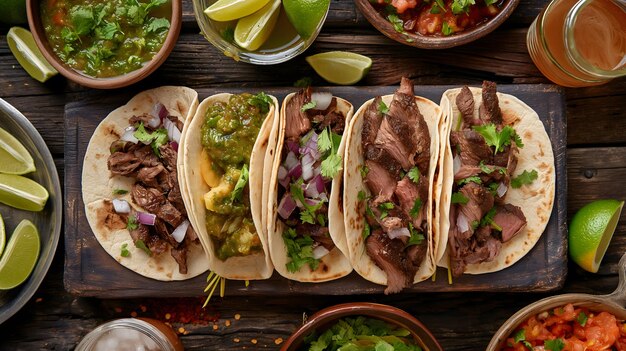 Authentieke Mexicaanse taco's en traditionele bijgerechten op een houten tafel