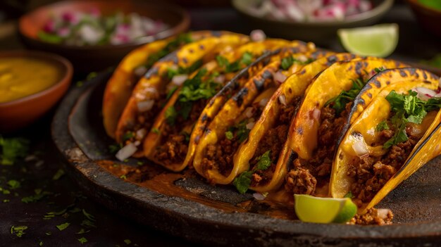 Authentieke Mexicaanse taco's met gegrilde vlees en verse versieringen