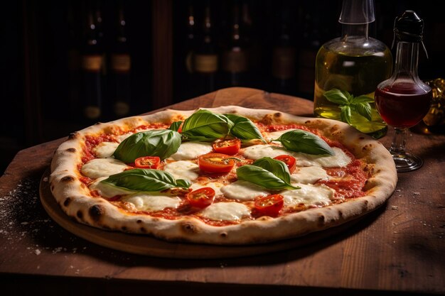 Authentieke Pizza Margherita op stenen oven tafel met Toscaanse wijnstokken in de verte