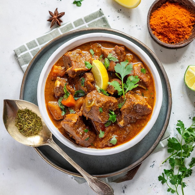 Foto authentieke rogan josh indiase curry met rijke specerijen en tender vlees authentiek rogan josh indiaanse curry met rijke spicerijen en teder vlees