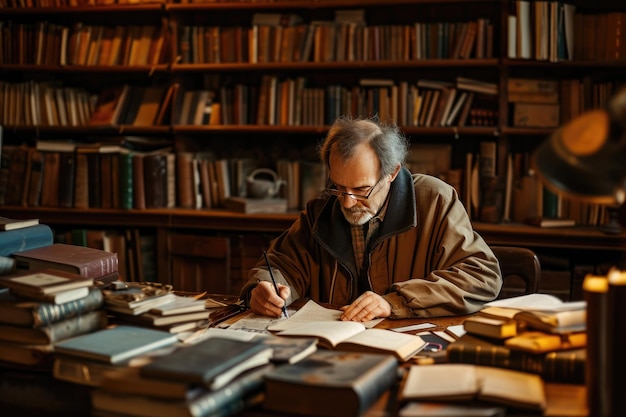 Author Writing In A Study Surrounded By Books