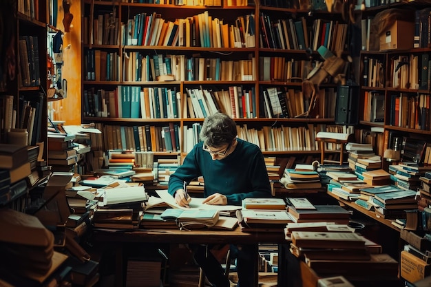 Author Writing In A Study Surrounded By Books