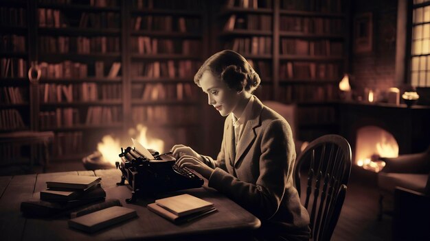 Photo authoress sitting at the table and typing on typerwriter indoors