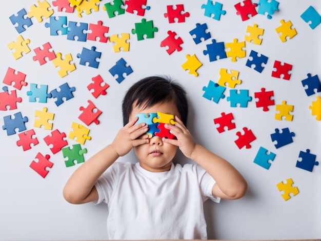 Autism awareness day April 2 Studio Portrait of a little cute asian child cover his face with the