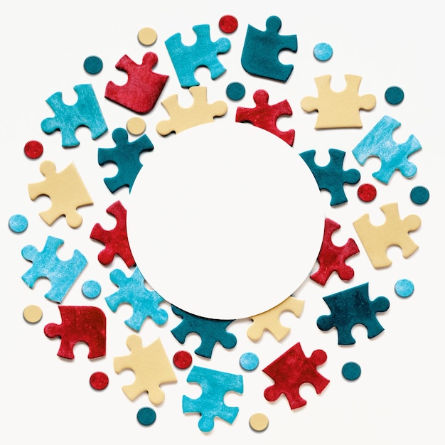 Autism Awareness Day World Autism Day round circle blank frame with puzzle pieces around copyspace Design element for flyer poster for Health Care Awareness campaign for Autism