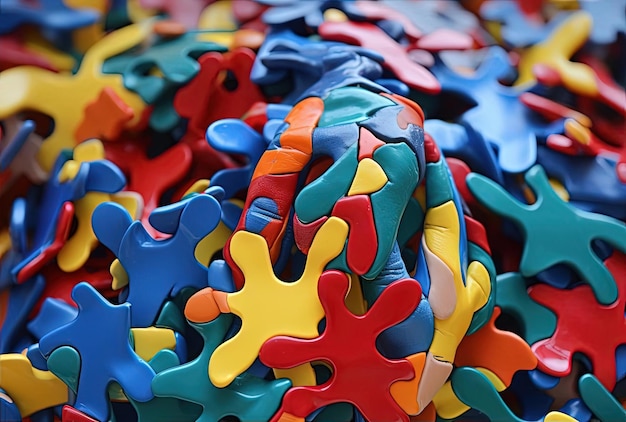 autism awareness ribbon and colorful hand puzzles in the style of gutai group