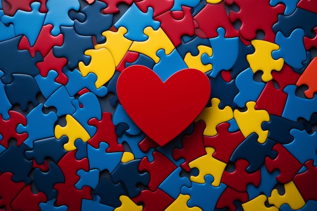 Photo autism day background with heart and puzzle pieces