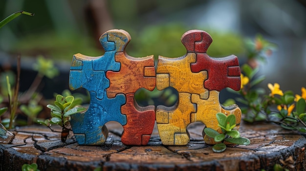 Photo autism symbol colorful puzzle pieces on a wooden surface with green grass in the background