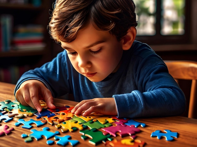 自閉症の子どもが自閉症のパズルパーツとカラフルなパズルを解くことに深く没頭しています