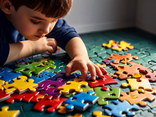 自閉症の子どもが自閉症のパズルパーツとカラフルなパズルを解くことに深く没頭しています