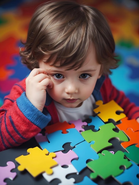 自閉症の子供が自閉症のパズルとカラフルなパズルで遊んでいる