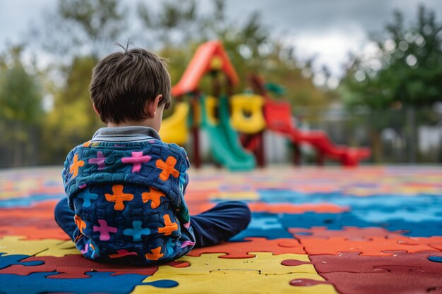 autistic kid seating on the playground not having fun