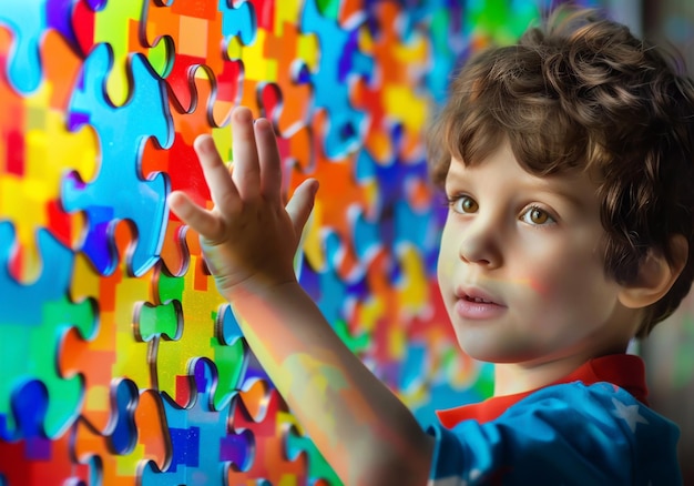 Autistische kinderen met de hand op een puzzel achtergrond met levendige kleuren Wereld Autisme Awareness Day