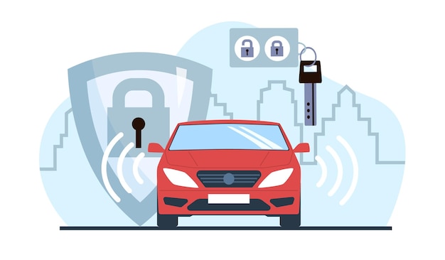 Auto alarm anti-diefstal systeem Auto bescherming tegen kaping Remote sleutel en schild in de auto met hangslot Auto signalering luide sirene geluid veiligheid transport Cartoon platte vector concept
