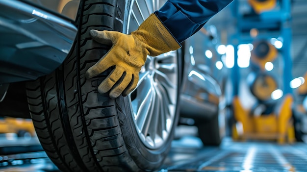 Auto band met velgen en mechanische hand zonder handschoen doen