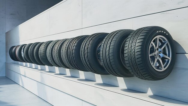 Auto banden in rij geïsoleerd op witte muur 3D rendering illustratie