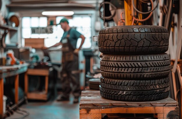 Auto banden zijn gestapeld op een houten tafel op de achtergrond van de monteur in de werkplaats