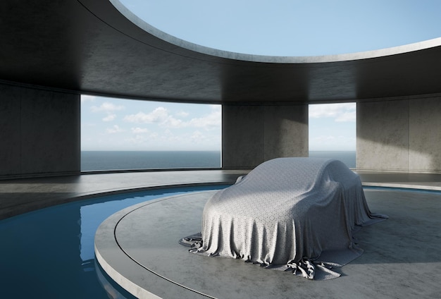 Auto bedekt met doek op betonnen vloer 3D-weergave van abstracte buitenruimte met zee achtergrond