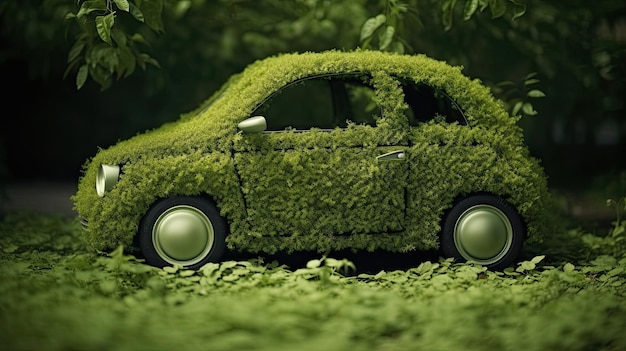 Auto bedekt met groene bladeren eco- en milieuconcept Generatieve AI