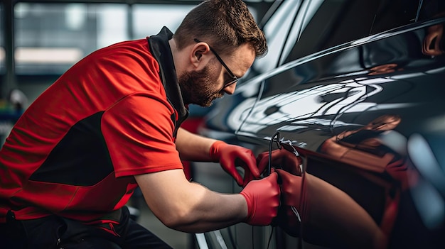 Auto body repair with a specialist skillfully addressing a dent on the car's fender combining technical precision and aesthetic finesse for a seamless repair Generated by AI