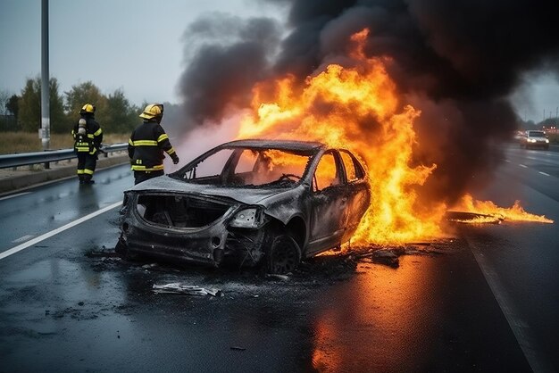 Auto brandend op een snelweg met zwarte rook Generatieve AI
